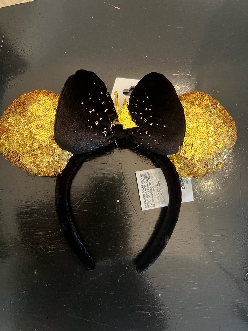 Disney Black Velvet Headband with Gold Sequin Ears and Bow
